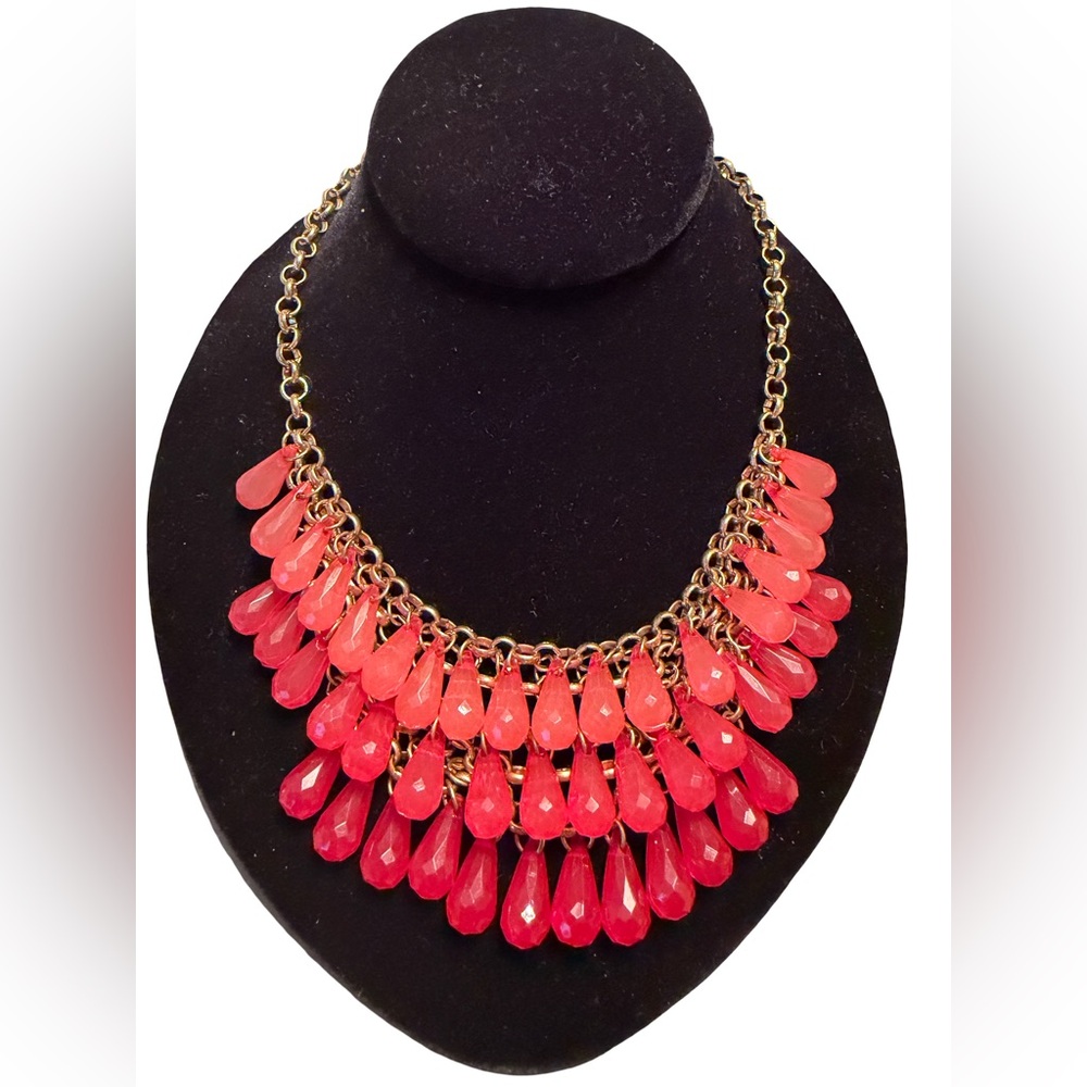 Vintage Retro Necklace W/ 3 Tiers Of Beads In Red & Light Orange